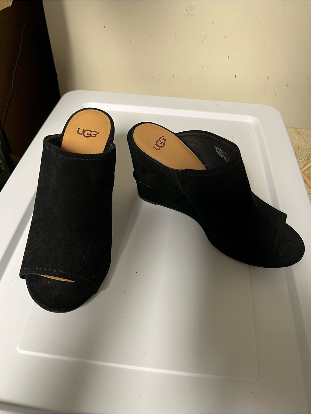 UGG Black Suede Open-Toe Wedge Mules - Slip-On Comfort